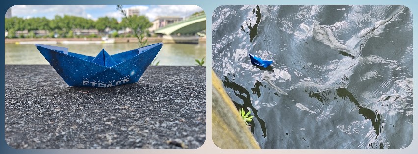 Le Galion des Etoiles en papier fabriqué par mes soins, à Rouen Quai Rive Gauche, puis dans la Seine voguant désormais vers la Manche ! Photos @ 2024 Bruno Blanzat