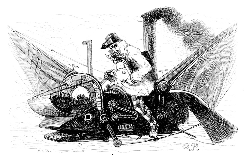 John Progrès, génie protecteur des temps modernes, à bord de sa « locomotive » | Dessin @ Octave Penguilly L'Haridon | Source : https://commons.wikimedia.org/w/index.php?curid=57929109, domaine public