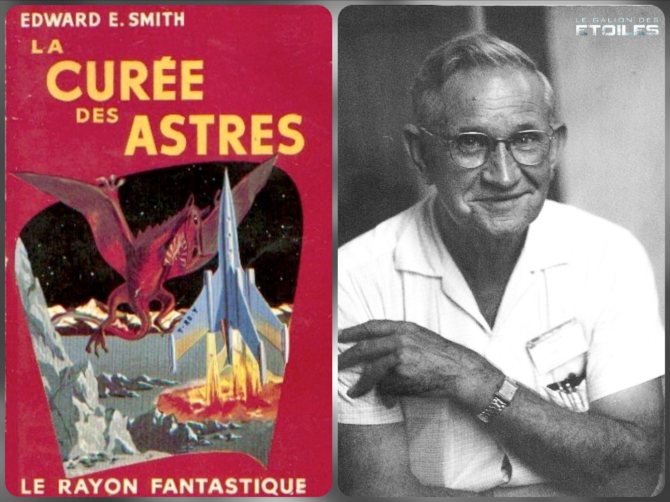 La Curée des Astres @ 1954 Le Rayon Fantastique, première édition française du premier roman, illustration de couverture @ André Troy | E. E. "Doc" Smith à la 16e convention mondiale de SF, SoLAcon (29.08.1958-01.09.1958), photo @ Karen Anderson