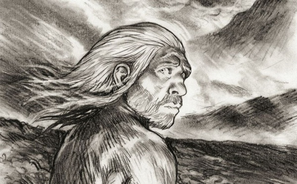Illustration @ Frédéric Bihel pour l'ouvrage "Le Dernier Néandertalien" de Ludovic Slimak (2003)